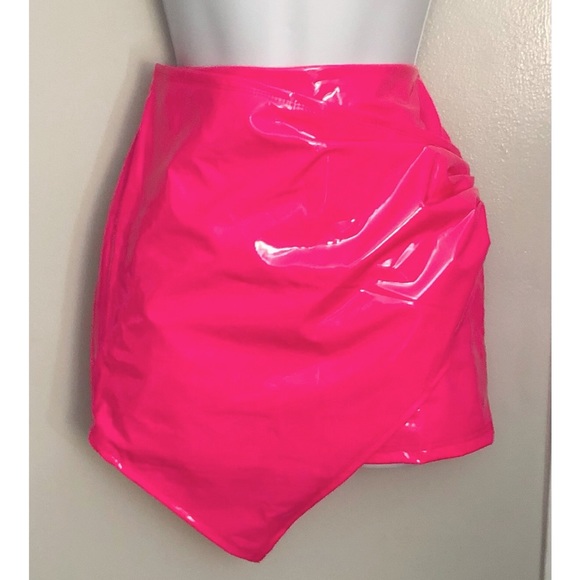 Neon Pink Faux Leather Wrap Front Mini Skirt - Picture 1 of 3